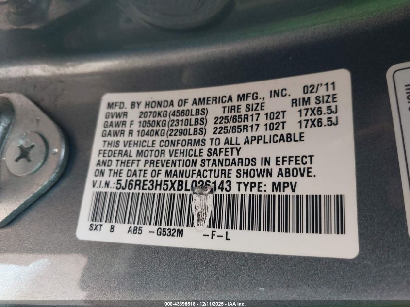 2011 Honda Cr-V Ex VIN: 5J6RE3H5XBL026143 Lot: 43898518