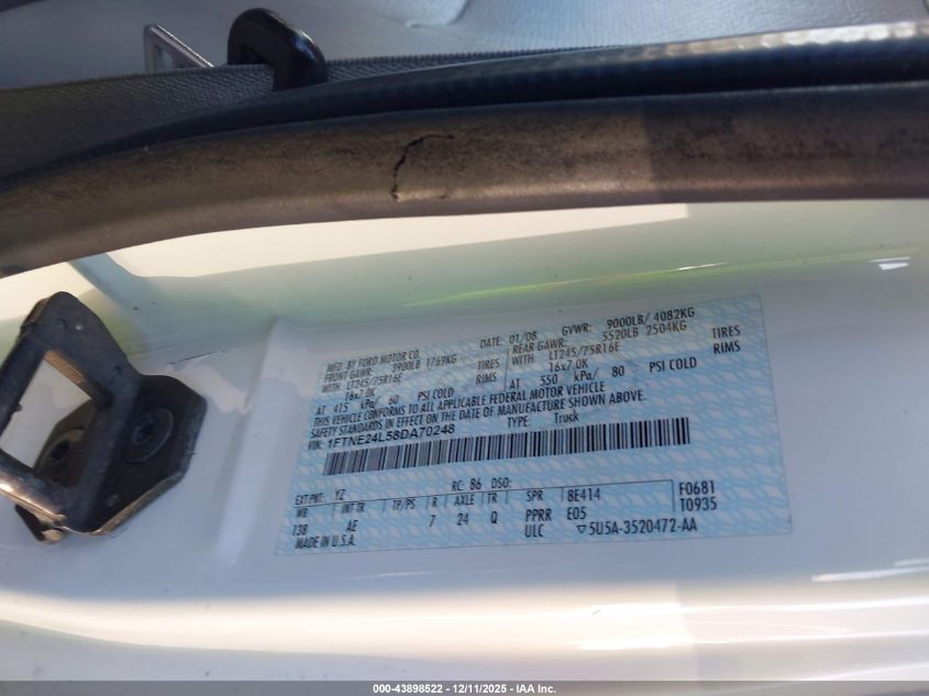 2008 Ford E-250 Commercial/Recreational VIN: 1FTNE24L58DA70248 Lot: 43898522