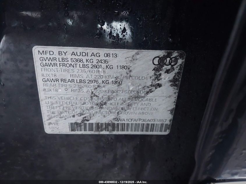 2014 Audi Q5 2.0T Premium VIN: WA1CFAFP3EA031857 Lot: 43898532