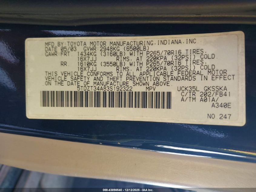 2003 Toyota Sequoia Sr5 V8 VIN: 5TDZT34A83S192322 Lot: 43898540