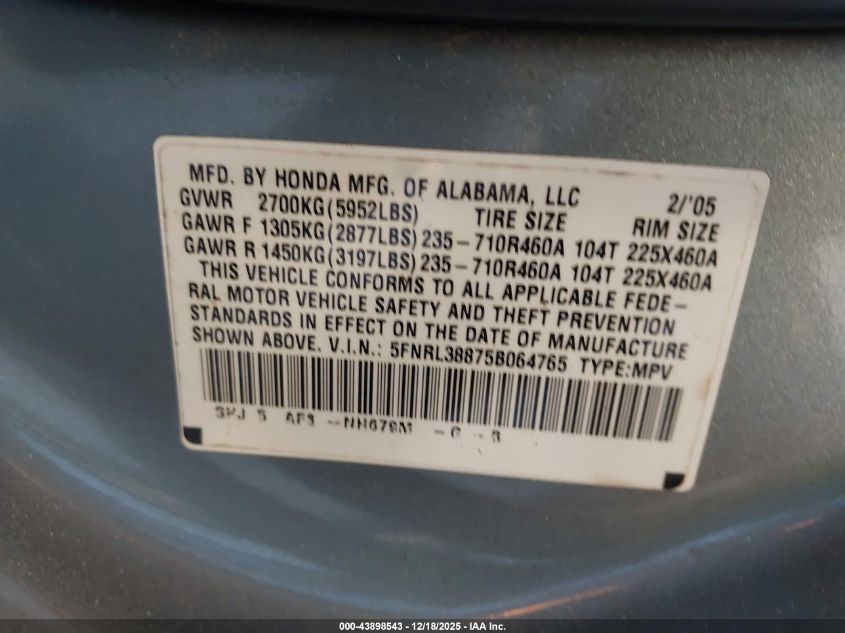 2005 Honda Odyssey Touring VIN: 5FNRL38875B064765 Lot: 43898543