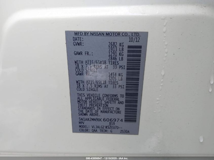 2013 Nissan Pathfinder Sl VIN: 5N1AR2MN9DC606974 Lot: 43898547