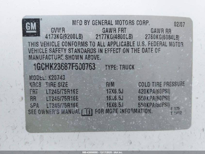 2007 Chevrolet Silverado 2500Hd Lt1 VIN: 1GCHK23687F500763 Lot: 43898550