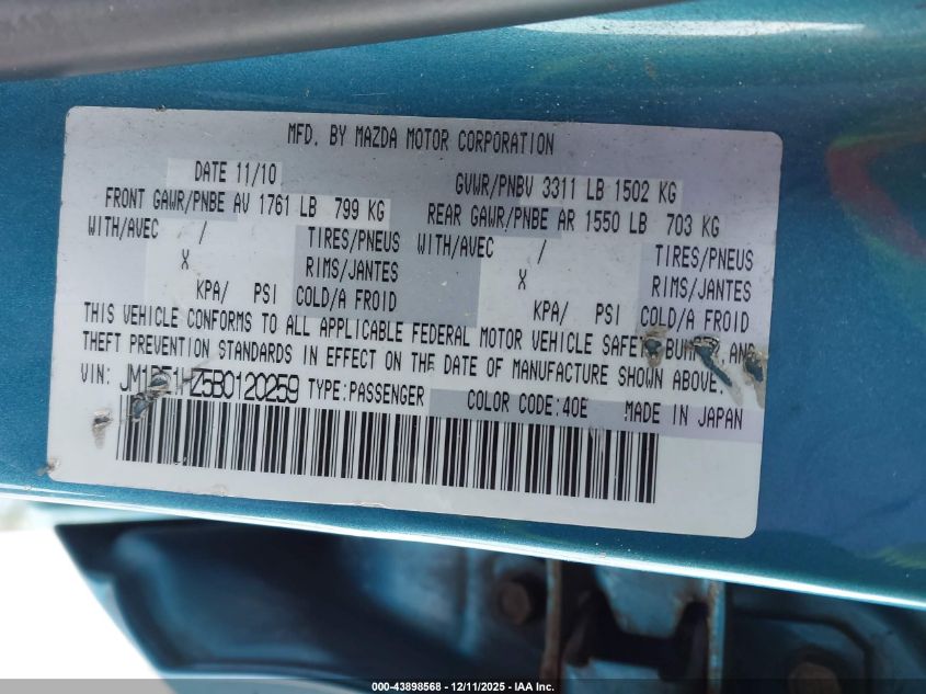 2011 Mazda Mazda2 Sport VIN: JM1DE1HZ5B0120259 Lot: 43898568