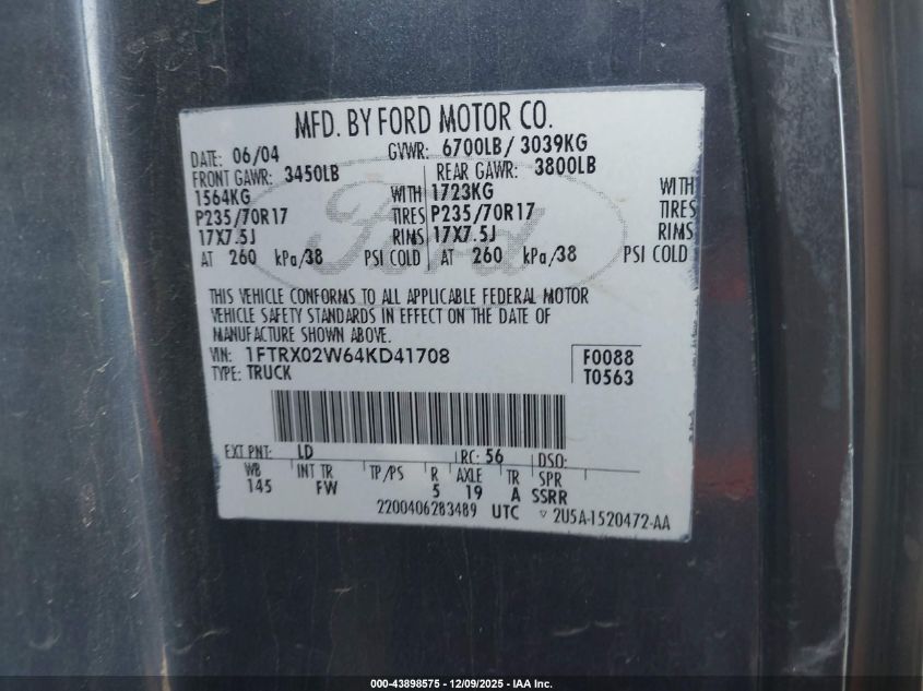 2004 Ford F-150 Stx/Xlt VIN: 1FTRX02W64KD41708 Lot: 43898575