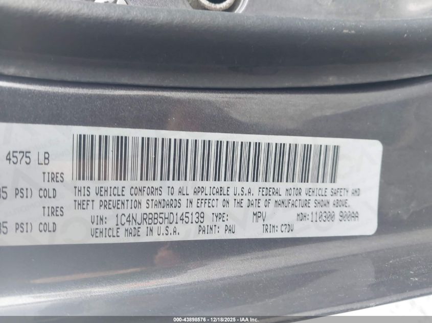 2017 Jeep Patriot Sport 4X4 VIN: 1C4NJRBB5HD145139 Lot: 43898576