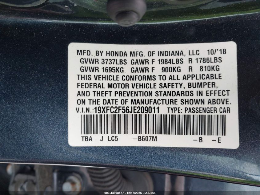 2018 Honda Civic Lx VIN: 19XFC2F56JE209011 Lot: 43898577