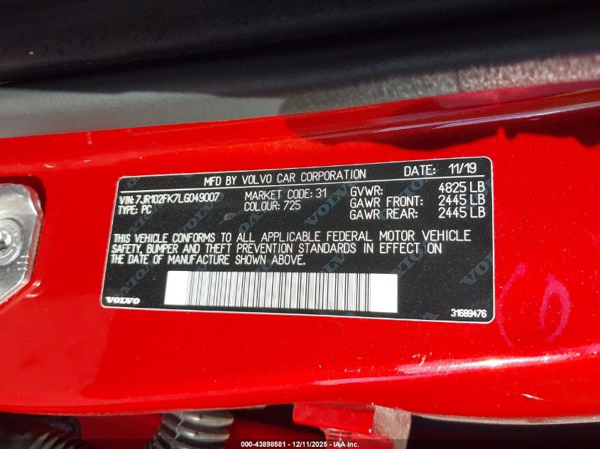 2020 Volvo S60 T5 Momentum VIN: 7JR102FK7LG049007 Lot: 43898581