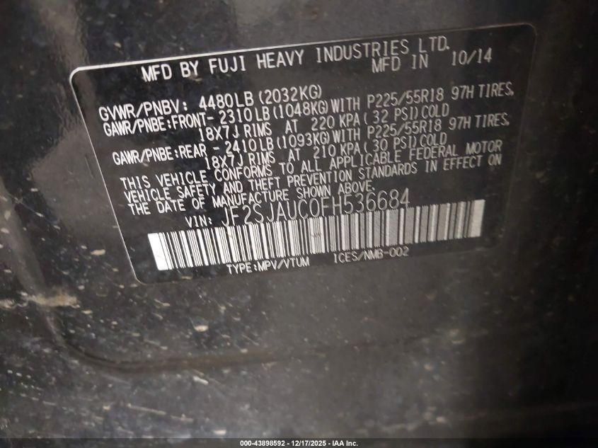 2015 Subaru Forester 2.5I Touring VIN: JF2SJAUC0FH536684 Lot: 43898592