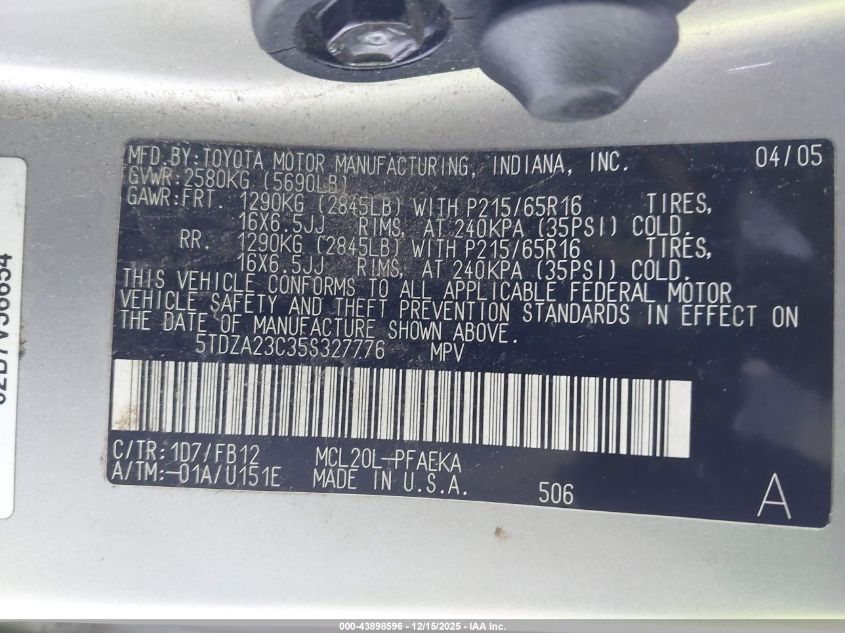 2005 Toyota Sienna Le VIN: 5TDZA23C35S327776 Lot: 43898596