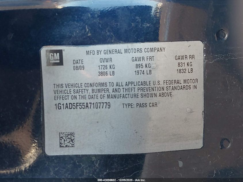 2010 Chevrolet Cobalt Lt VIN: 1G1AD5F5XA7120771 Lot: 43898602