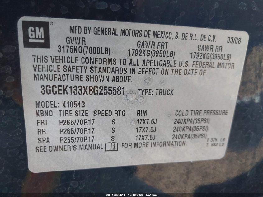 2008 Chevrolet Silverado 1500 Lt1 VIN: 3GCEK133X8G255581 Lot: 43898611