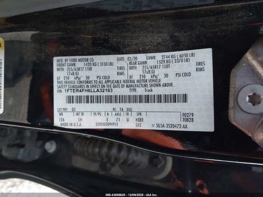 2020 Ford Ranger Xl VIN: 1FTER4FH6LLA32163 Lot: 43898620