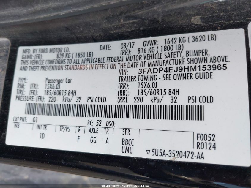 2017 Ford Fiesta Se VIN: 3FADP4EJ9HM153965 Lot: 43898622