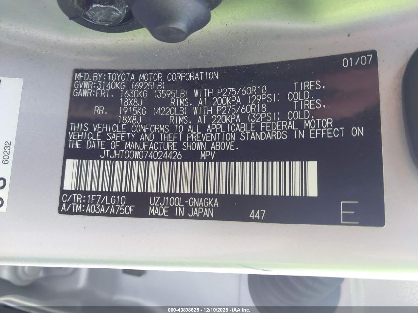 2007 Lexus Lx 470 VIN: JTJHT00W074024426 Lot: 43898625