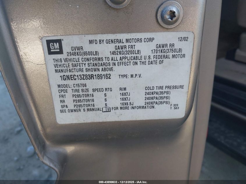 2003 Chevrolet Tahoe Lt VIN: 1GNEC13Z83R189162 Lot: 43898633