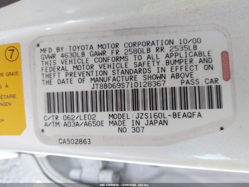 2001 Lexus Gs 300 VIN: JT8BD69S710128367 Lot: 43898636