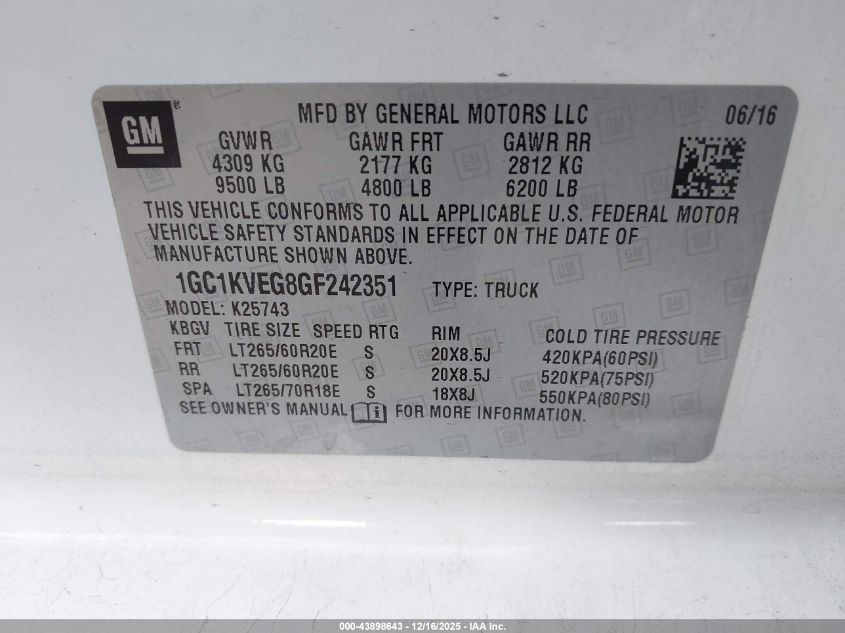 2016 Chevrolet Silverado 2500Hd Lt VIN: 1GC1KVEG8GF242351 Lot: 43898643