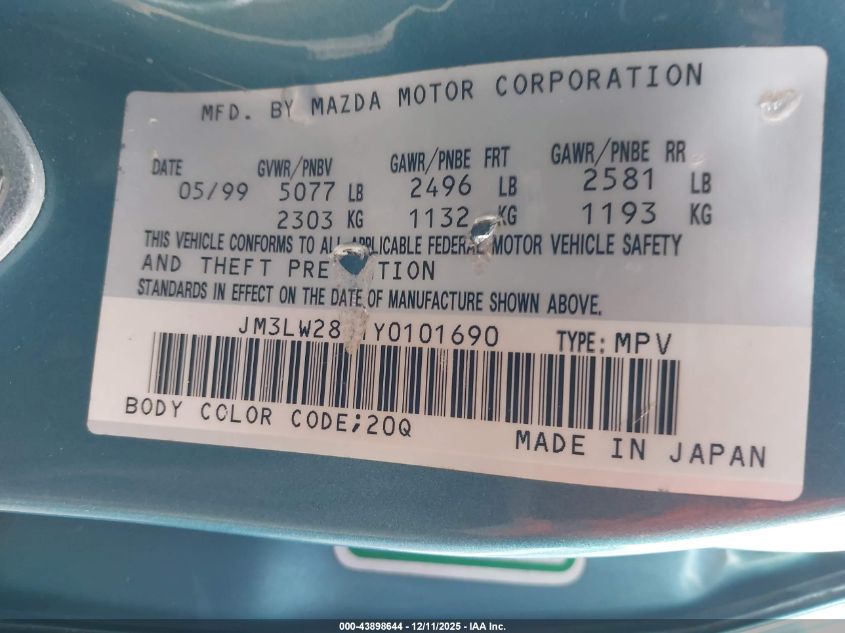 2000 Mazda Mpv Dx/Es/Lx VIN: JM3LW28G1Y0101690 Lot: 43898644