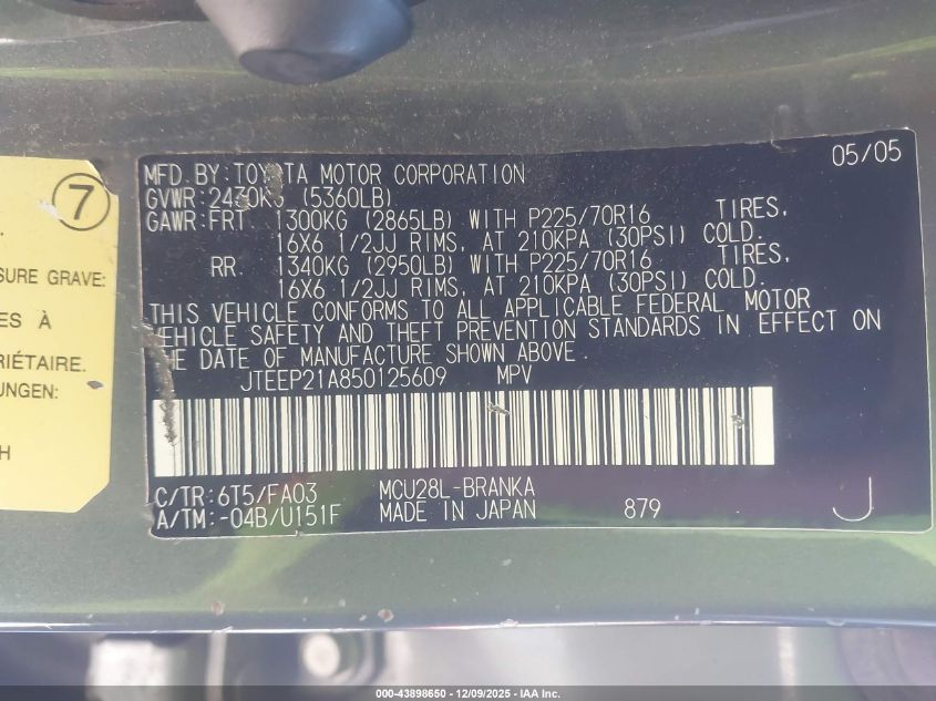 2005 Toyota Highlander V6 VIN: JTEEP21A850125609 Lot: 43898650