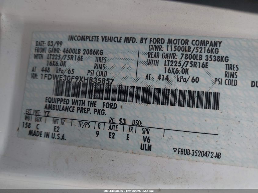 1999 Ford Econoline E350 Super Duty Ctwy V Rv VIN: 1FDWE30F9XHB35857 Lot: 43898656