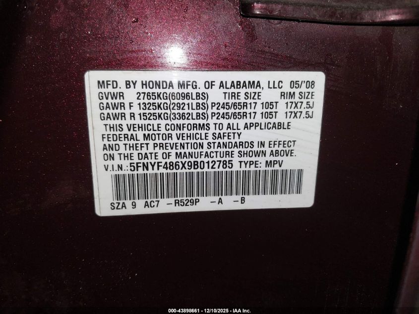 2009 Honda Pilot Ex-L VIN: 5FNYF486X9B012785 Lot: 43898661