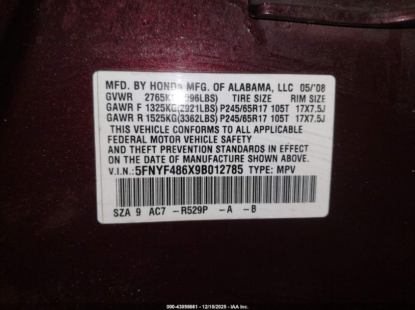 2009 Honda Pilot Ex-L VIN: 5FNYF486X9B012785 Lot: 43898661