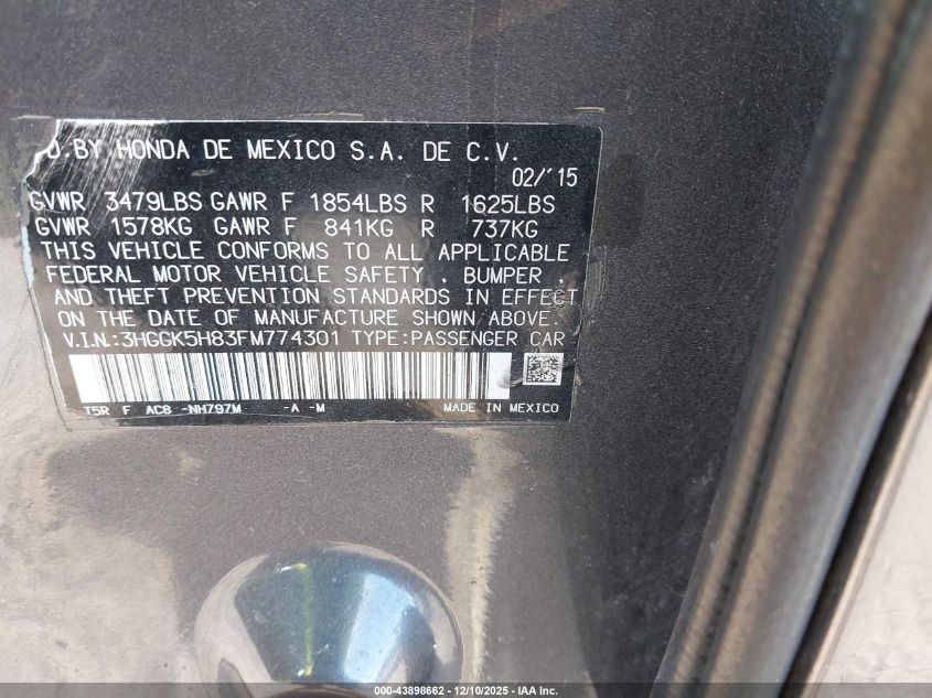 2015 Honda Fit Ex/Ex-L VIN: 3HGGK5H83FM774301 Lot: 43898662