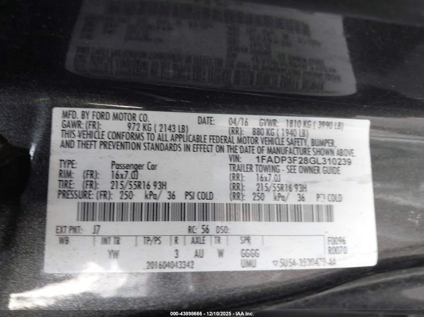 2016 Ford Focus Se VIN: 1FADP3F28GL310239 Lot: 43898666