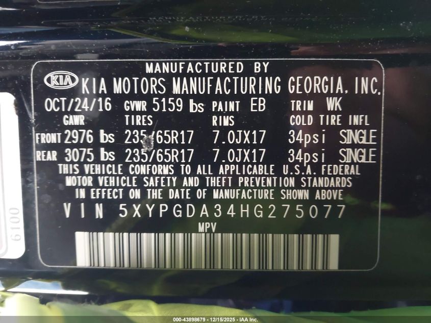 2017 Kia Sorento 2.4L Lx VIN: 5XYPGDA34HG275077 Lot: 43898679