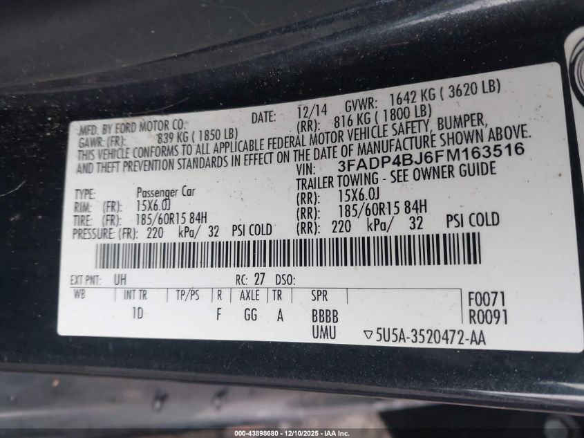 2015 Ford Fiesta Se VIN: 3FADP4BJ6FM163516 Lot: 43898680