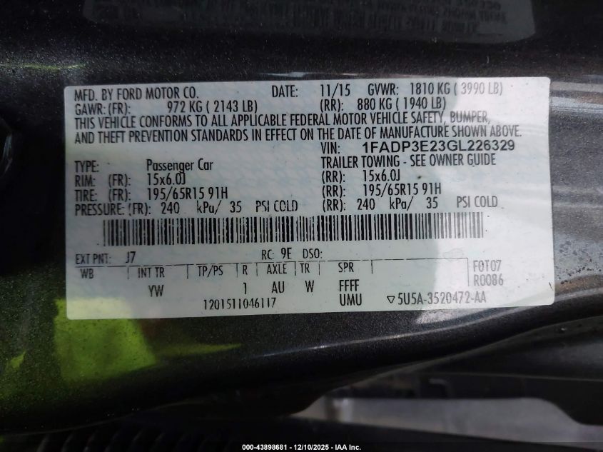 2016 Ford Focus S VIN: 1FADP3E23GL226329 Lot: 43898681