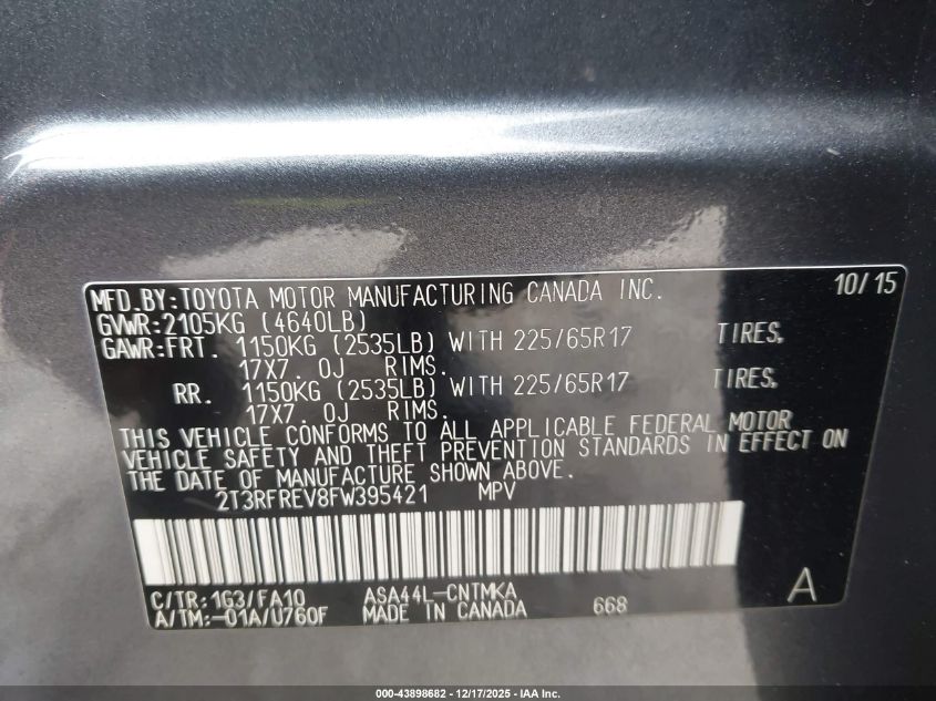 2015 Toyota Rav4 Xle VIN: 2T3RFREV8FW395421 Lot: 43898682