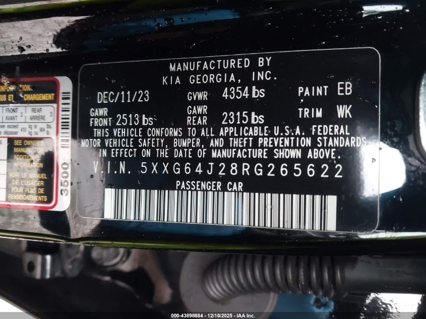2024 Kia K5 Gt-Line VIN: 5XXG64J28RG265622 Lot: 43898684