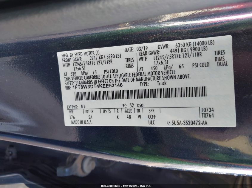 2019 Ford F-350 Lariat VIN: 1FT8W3DT4KEE53146 Lot: 43898686