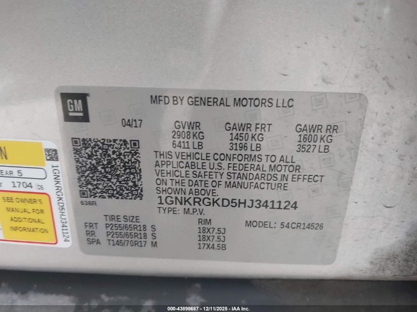 2017 Chevrolet Traverse 1Lt VIN: 1GNKRGKD5HJ341124 Lot: 43898687