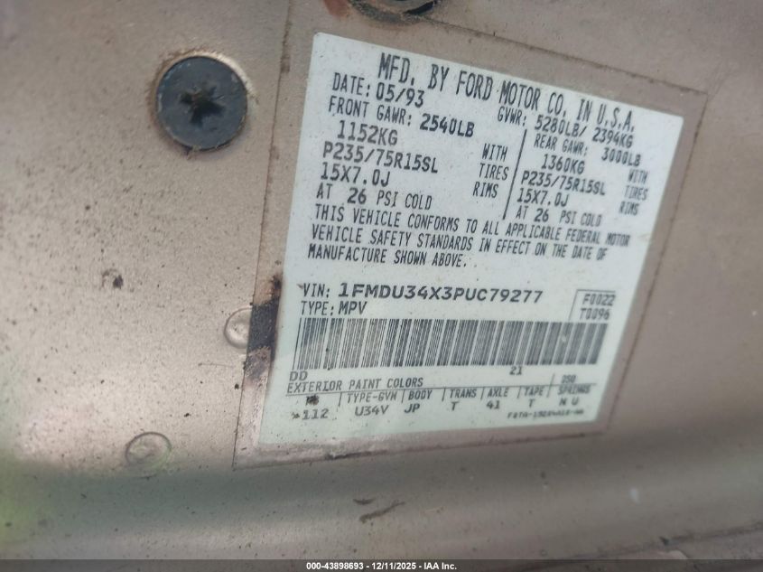 1993 Ford Explorer VIN: 1FMDU34X3PUC79277 Lot: 43898693