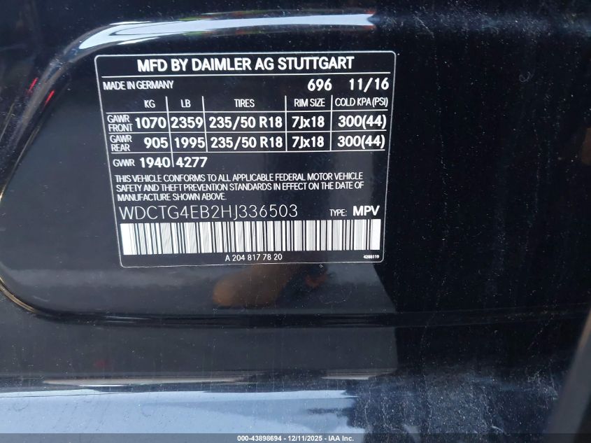2017 Mercedes-Benz Gla 250 VIN: WDCTG4EB2HJ336503 Lot: 43898694