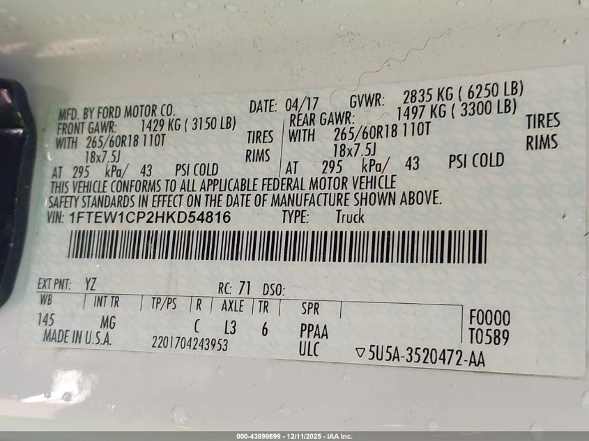 2017 Ford F-150 Xlt VIN: 1FTEW1CP2HKD54816 Lot: 43898699