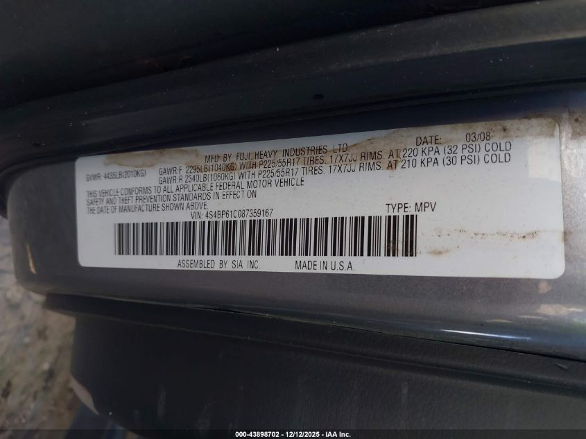 2008 Subaru Outback 2.5I/2.5I L.l. Bean Edition VIN: 4S4BP61C087359167 Lot: 43898702