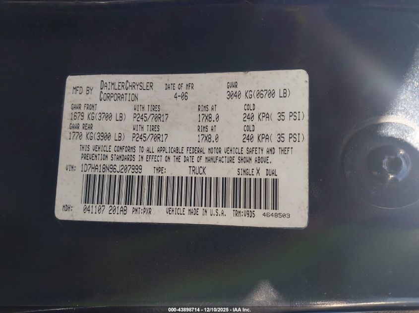 2006 Dodge Ram 1500 Slt VIN: 1D7HA18N96J207999 Lot: 43898714