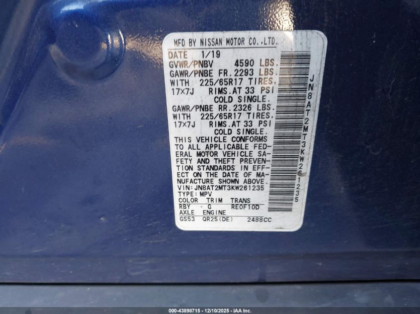 2019 Nissan Rogue Sv VIN: JN8AT2MT3KW261235 Lot: 43898715