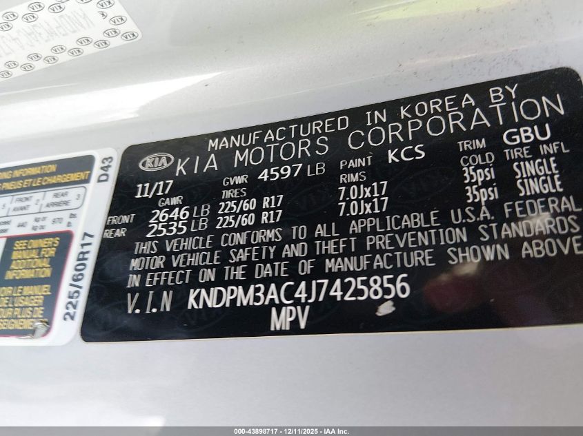 2018 Kia Sportage Lx VIN: KNDPM3AC4J7425856 Lot: 43898717