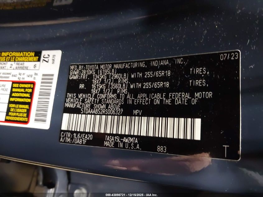 2024 Toyota Grand Highlander Xle VIN: 5TDAAAB52RS006327 Lot: 43898721