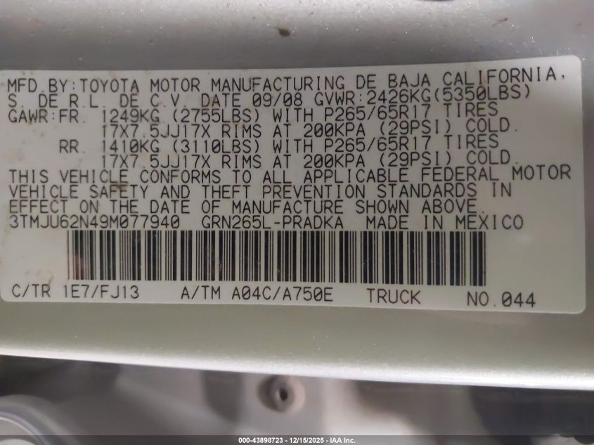 2009 Toyota Tacoma Prerunner V6 VIN: 3TMJU62N49M077940 Lot: 43898723