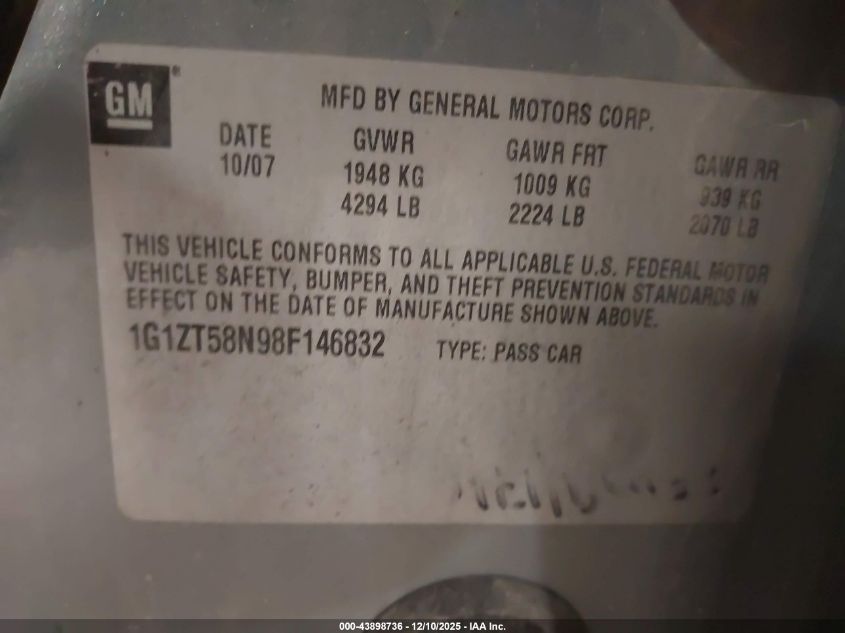 2008 Chevrolet Malibu Classic Lt VIN: 1G1ZT58N98F146832 Lot: 43898736