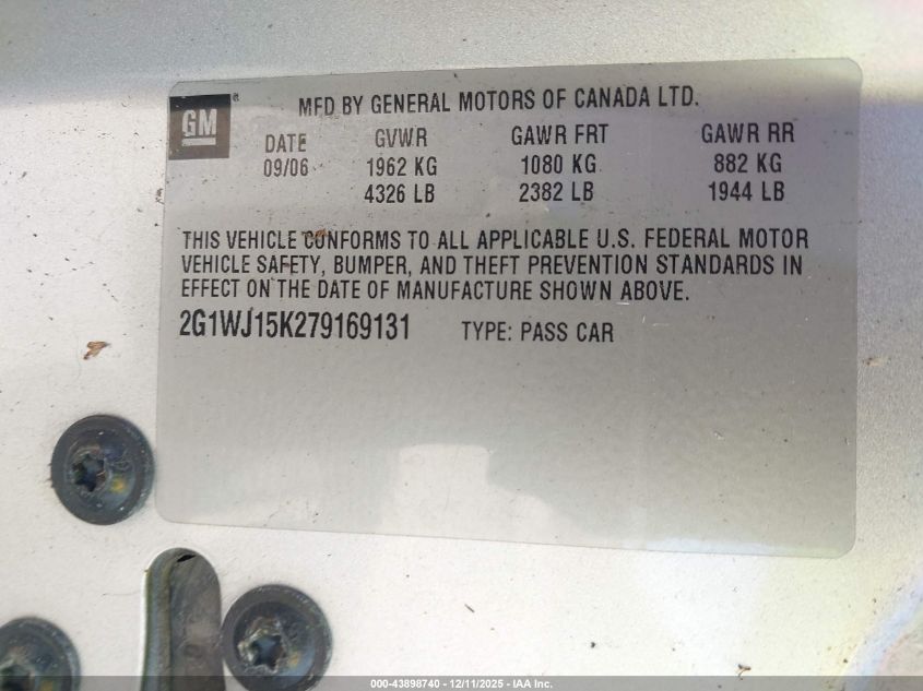 2007 Chevrolet Monte Carlo Ls VIN: 2G1WJ15K279169131 Lot: 43898740