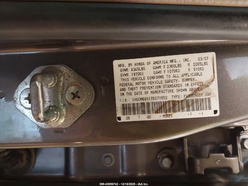 2007 Honda Accord 3.0 Ex VIN: 1HGCM66517A071852 Lot: 43898742