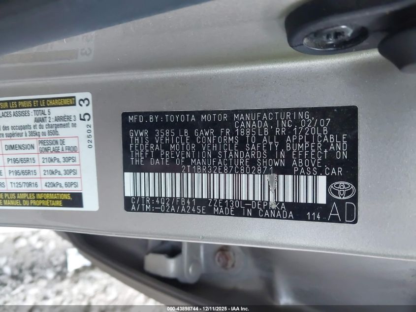 2007 Toyota Corolla Le VIN: 2T1BR32E87C802871 Lot: 43898744