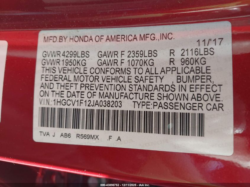 2018 Honda Accord Lx VIN: 1HGCV1F12JA038203 Lot: 43898752